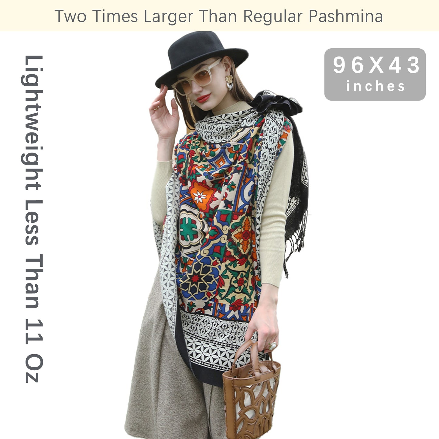 DANA XU 100% Merino Wool Extra Large Pashmina Blanket Travel Scarf Cashmere Wrap for Women Fall Winter Oversize Shawl Floral