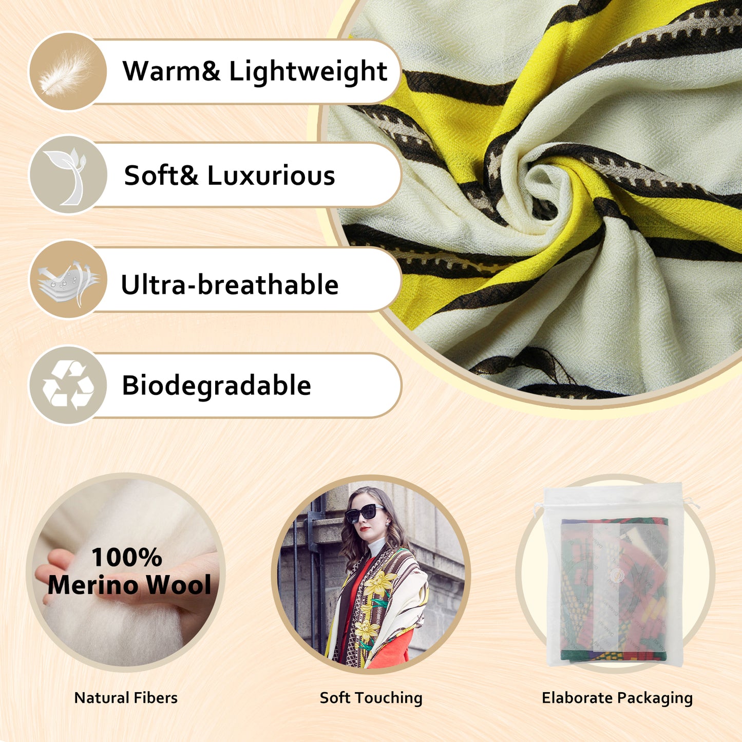 DANA XU 100% Merino Wool Extra Large Pashmina Blanket Travel Scarf Cashmere Wrap for Women Fall Winter Oversize Shawl Floral