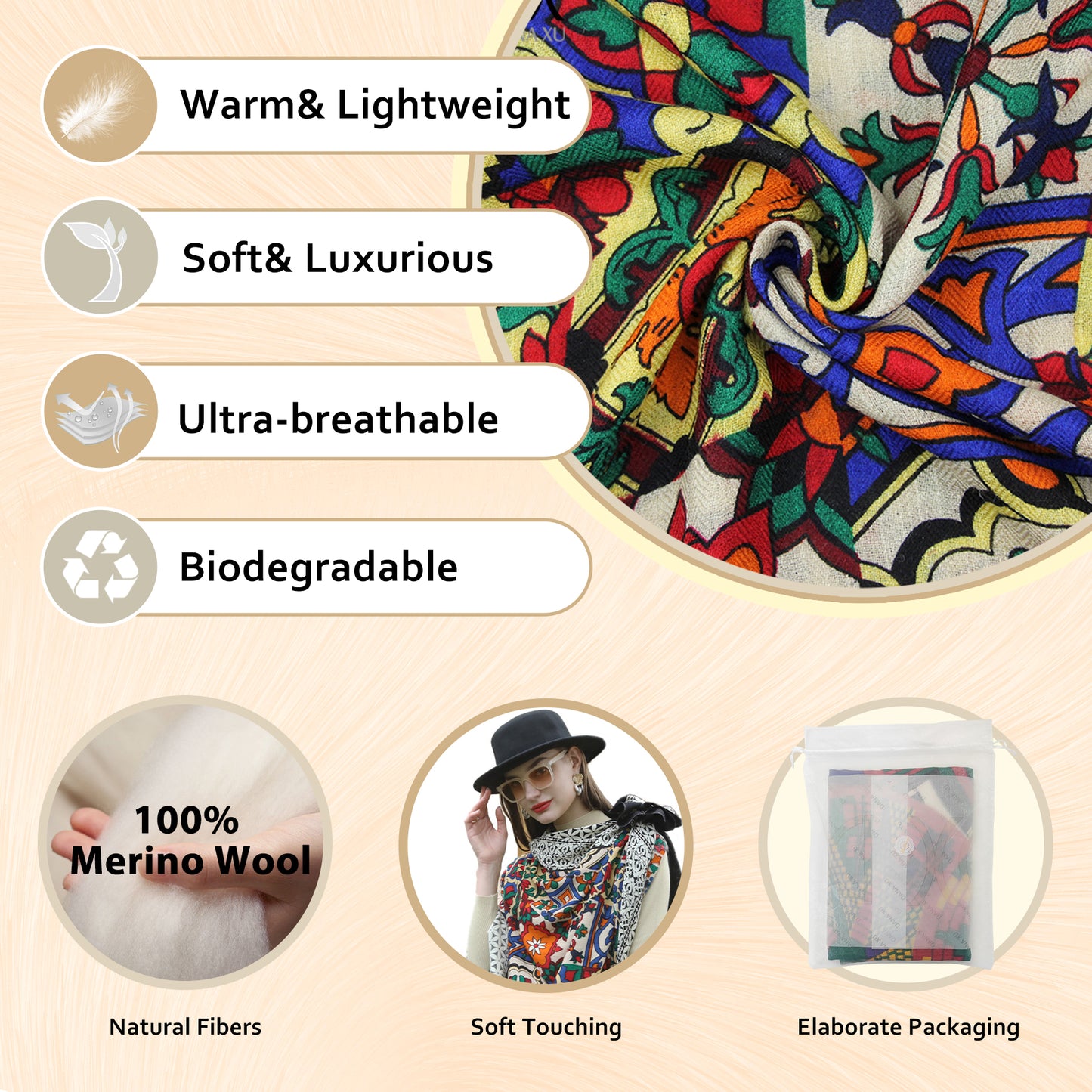 DANA XU 100% Merino Wool Extra Large Pashmina Blanket Travel Scarf Cashmere Wrap for Women Fall Winter Oversize Shawl Floral