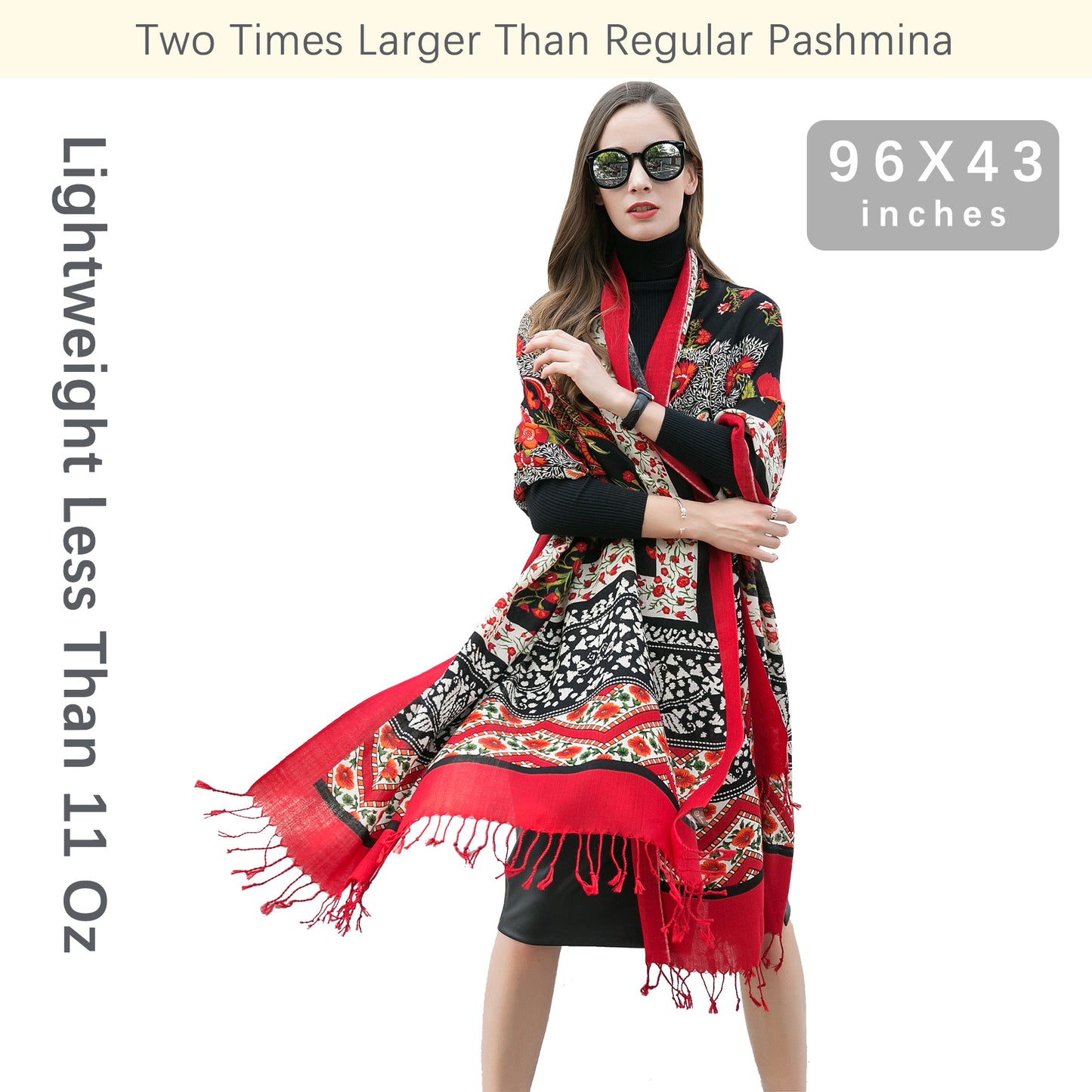 DANA XU 100% Merino Wool Extra Large Pashmina Blanket Travel Scarf Cashmere Wrap for Women Fall Winter Oversize Shawl Floral