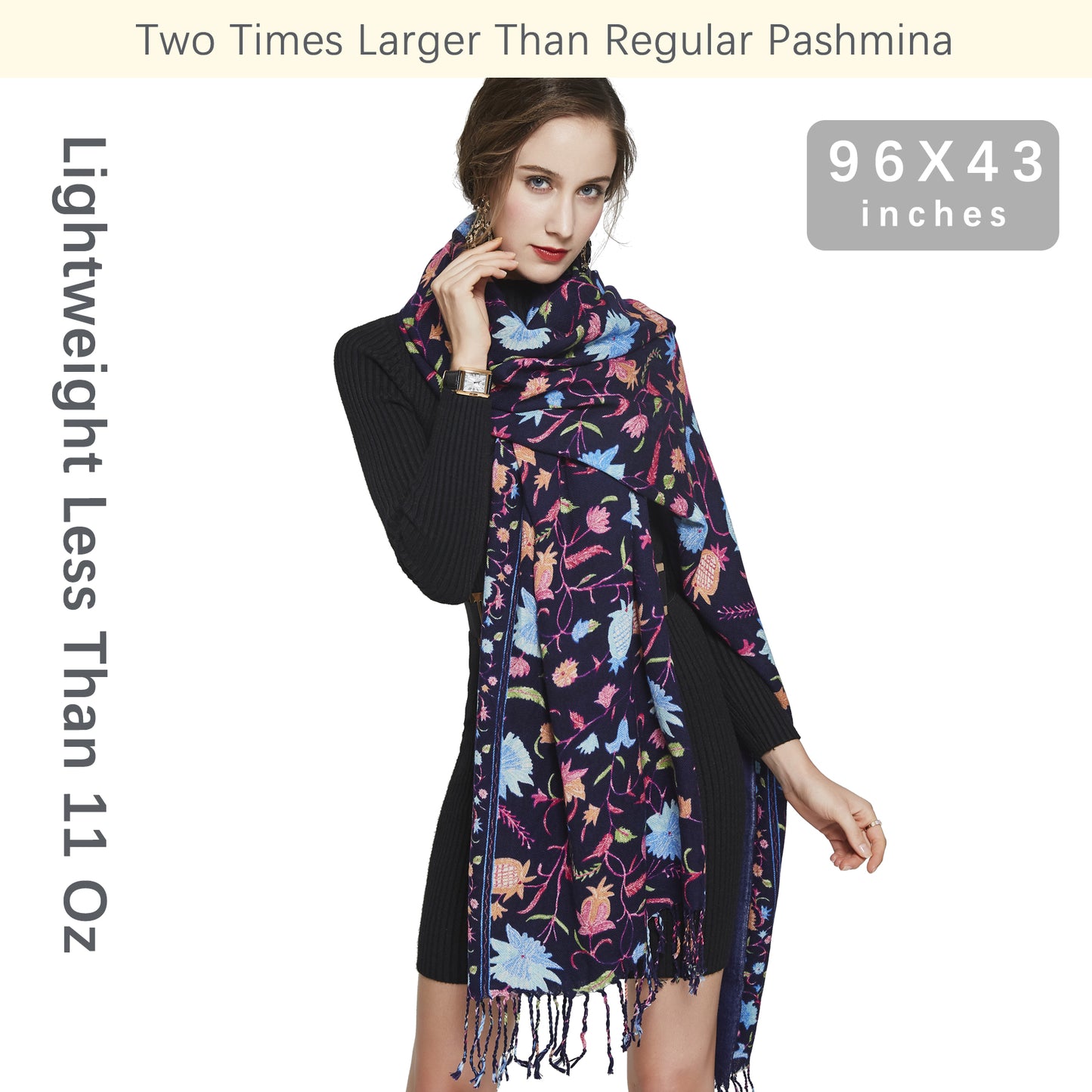 DANA XU 100% Merino Wool Extra Large Pashmina Blanket Travel Scarf Cashmere Wrap for Women Fall Winter Oversize Shawl Floral