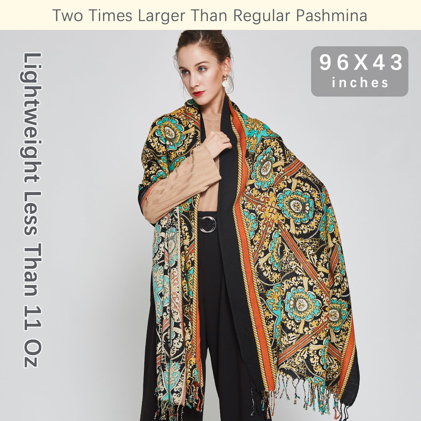 DANA XU 100% Merino Wool Extra Large Pashmina Blanket Travel Scarf Cashmere Wrap for Women Fall Winter Oversize Shawl Floral