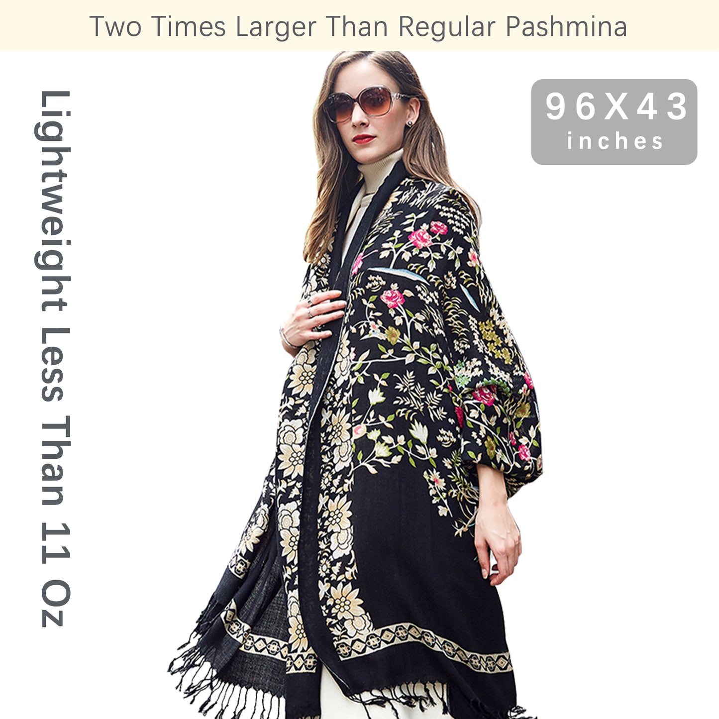 DANA XU 100% Merino Wool Extra Large Pashmina Blanket Travel Scarf Cashmere Wrap for Women Fall Winter Oversize Shawl Floral