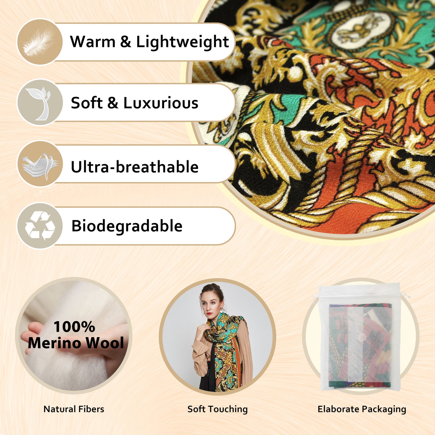 DANA XU 100% Merino Wool Extra Large Pashmina Blanket Travel Scarf Cashmere Wrap for Women Fall Winter Oversize Shawl Floral