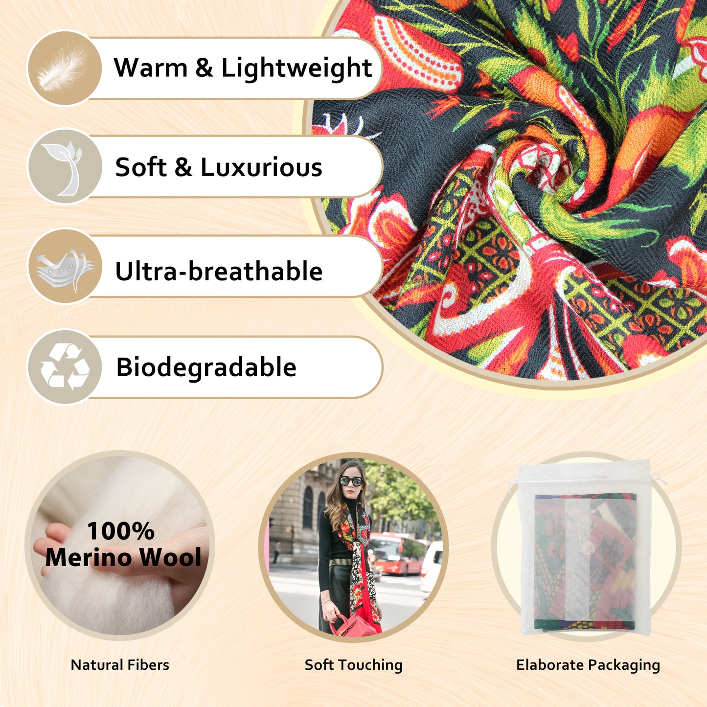 DANA XU 100% Merino Wool Extra Large Pashmina Blanket Travel Scarf Cashmere Wrap for Women Fall Winter Oversize Shawl Floral