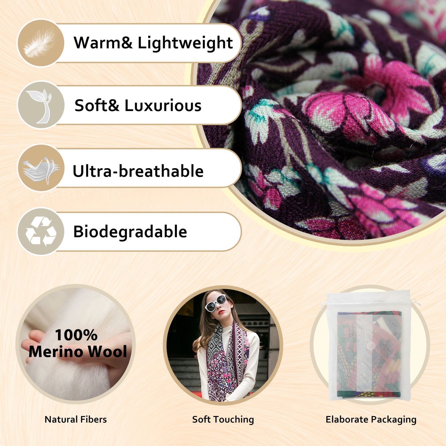 DANA XU 100% Merino Wool Extra Large Pashmina Blanket Travel Scarf Cashmere Wrap for Women Fall Winter Oversize Shawl Floral