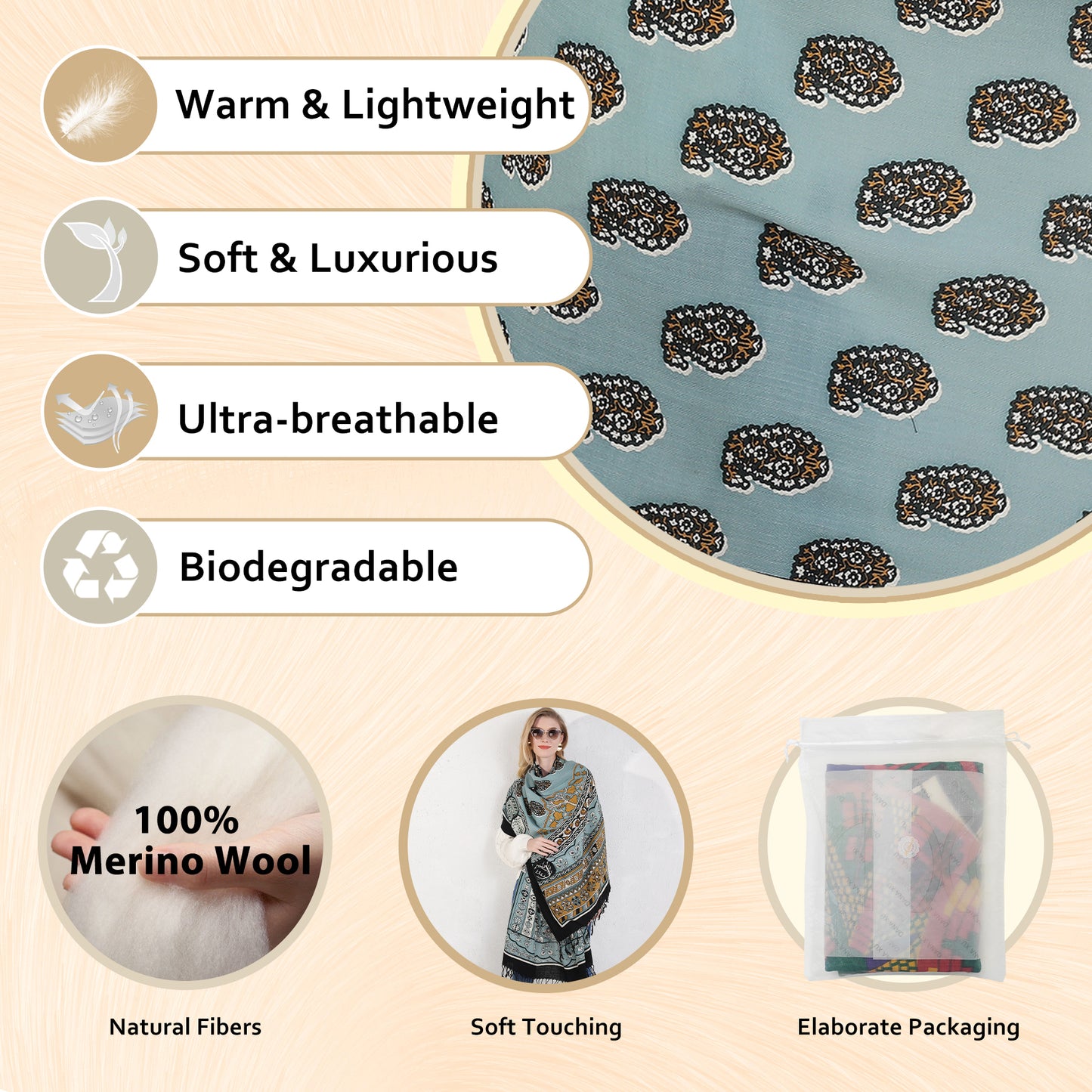 DANA XU 100% Merino Wool Extra Large Pashmina Blanket Travel Scarf Cashmere Wrap for Women Fall Winter Oversize Shawl Floral