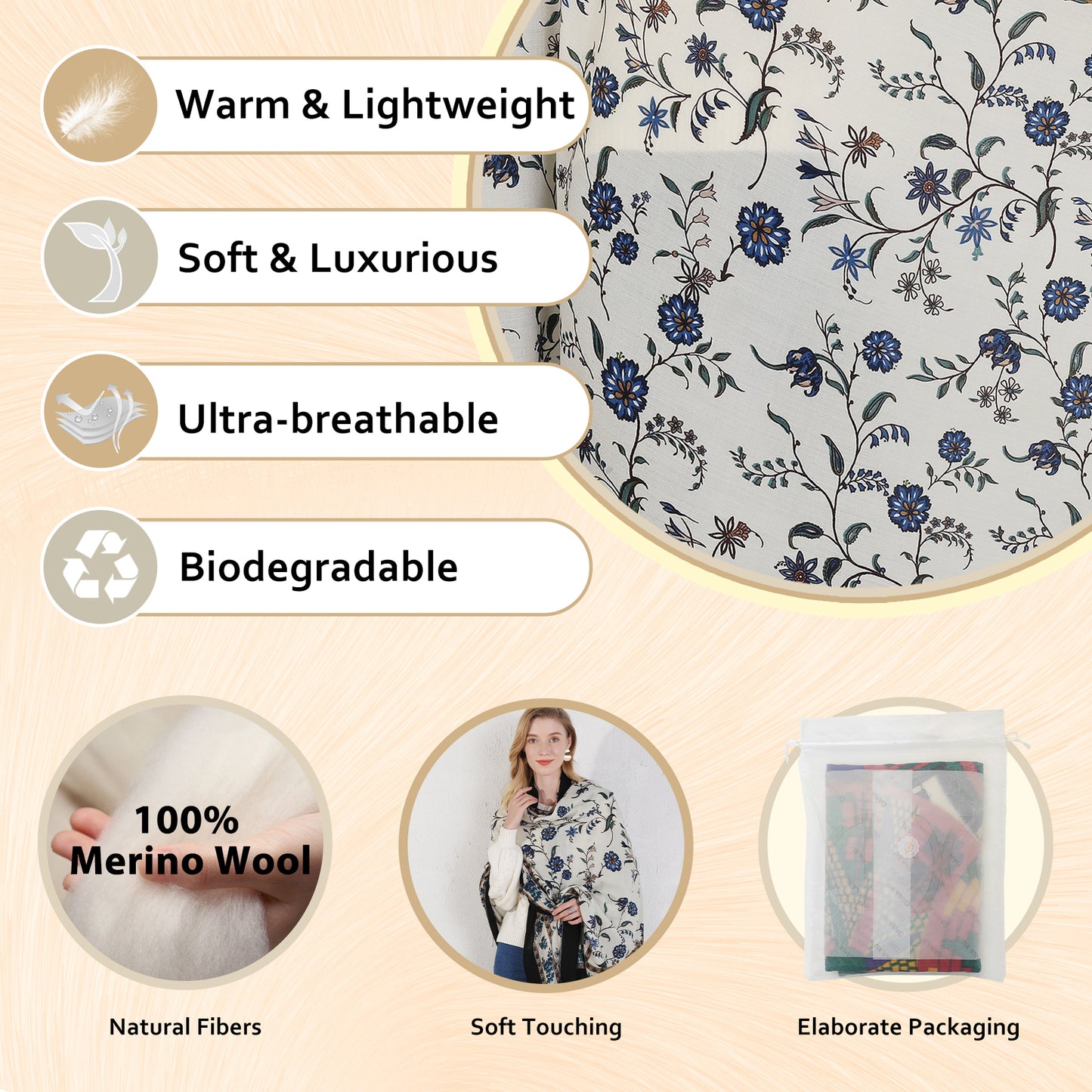 DANA XU 100% Merino Wool Extra Large Pashmina Blanket Travel Scarf Cashmere Wrap for Women Fall Winter Oversize Shawl Floral