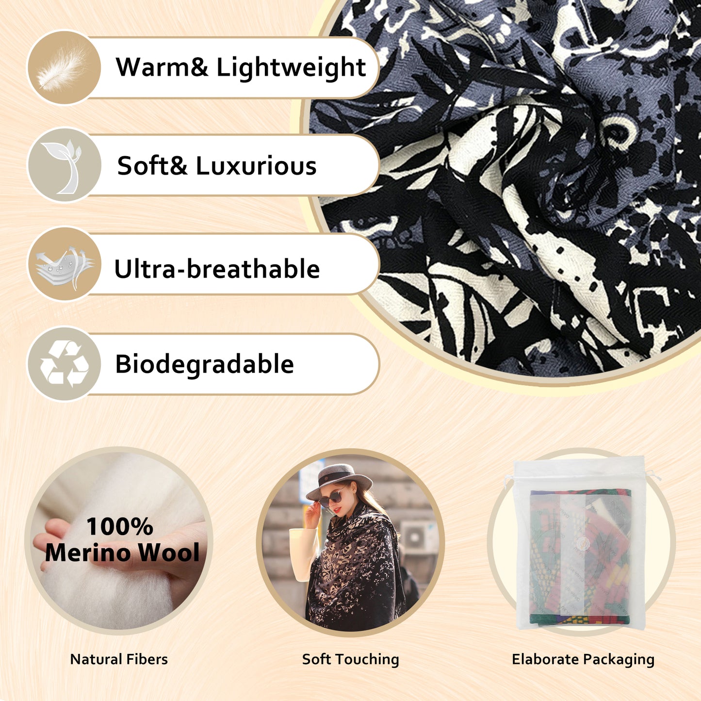 DANA XU 100% Merino Wool Extra Large Pashmina Blanket Travel Scarf Cashmere Wrap for Women Fall Winter Oversize Shawl Floral