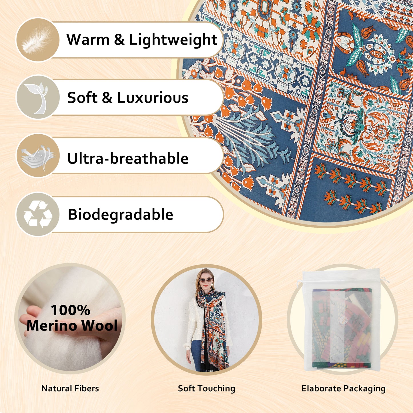 DANA XU 100% Merino Wool Extra Large Pashmina Blanket Travel Scarf Cashmere Wrap for Women Fall Winter Oversize Shawl Floral