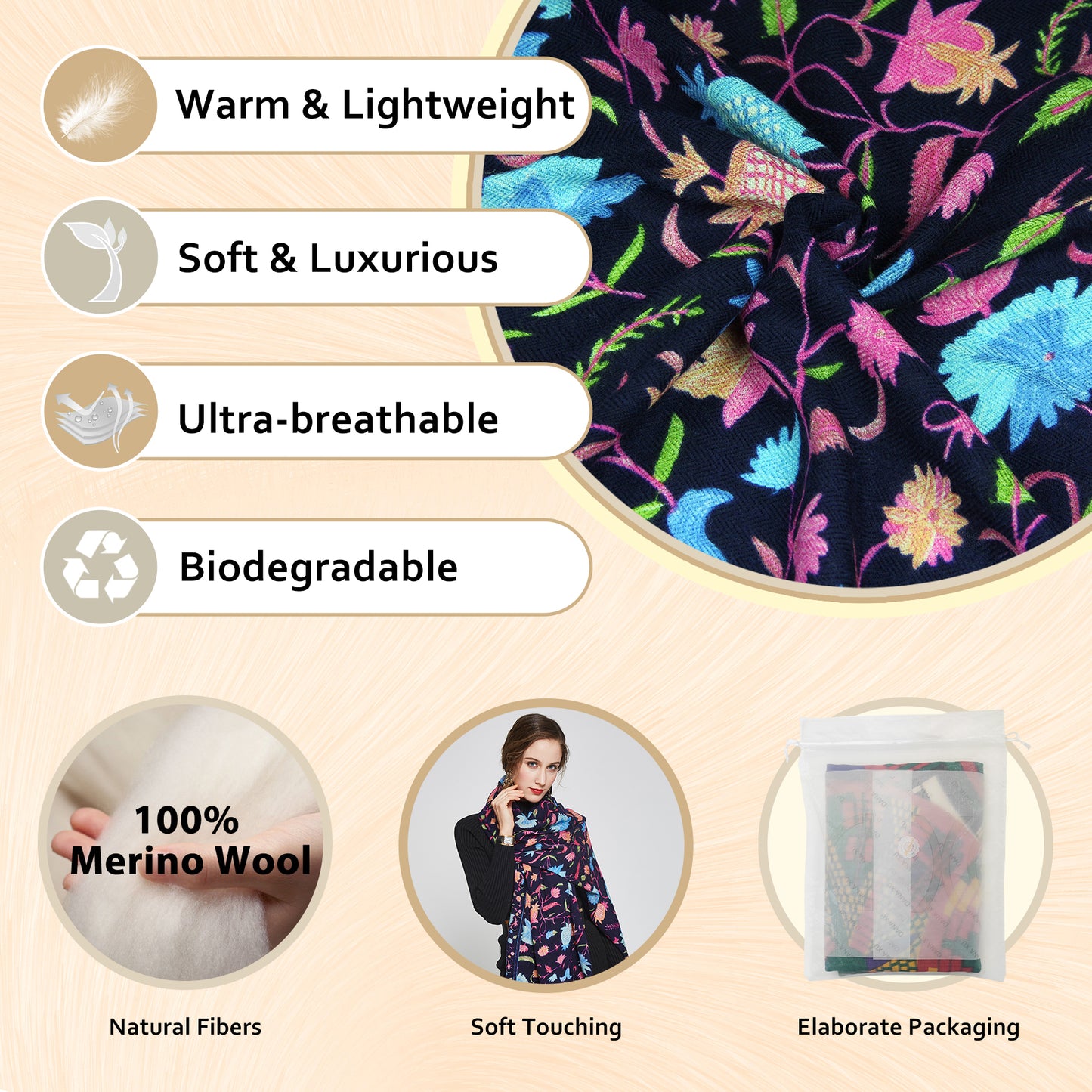 DANA XU 100% Merino Wool Extra Large Pashmina Blanket Travel Scarf Cashmere Wrap for Women Fall Winter Oversize Shawl Floral