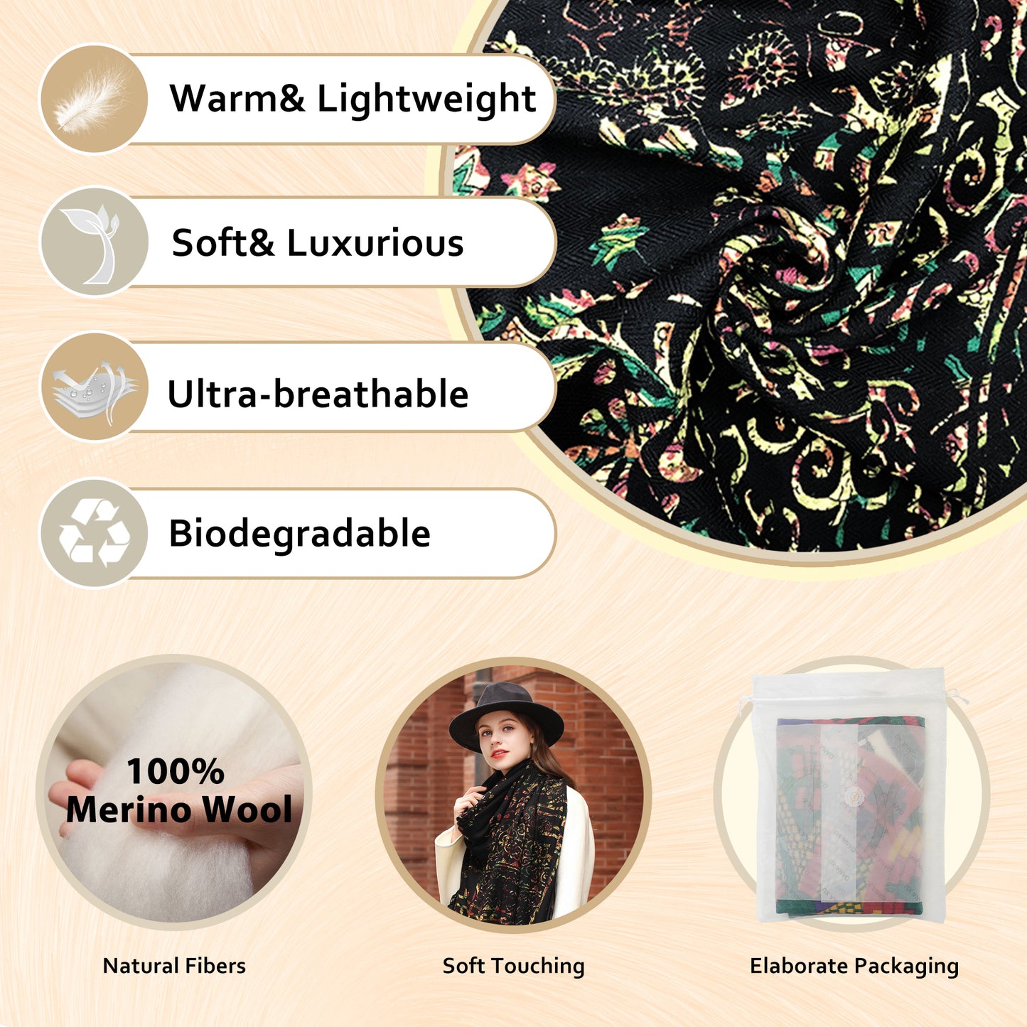 DANA XU 100% Merino Wool Extra Large Pashmina Blanket Travel Scarf Cashmere Wrap for Women Fall Winter Oversize Shawl Floral