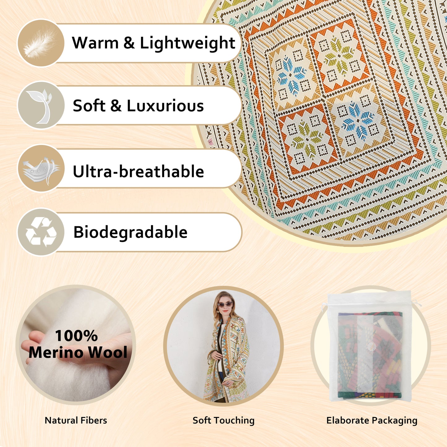 DANA XU 100% Merino Wool Extra Large Pashmina Blanket Travel Scarf Cashmere Wrap for Women Fall Winter Oversize Shawl Floral