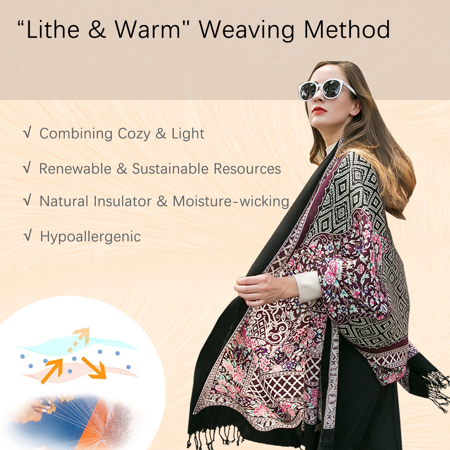 DANA XU 100% Merino Wool Extra Large Pashmina Blanket Travel Scarf Cashmere Wrap for Women Fall Winter Oversize Shawl Floral