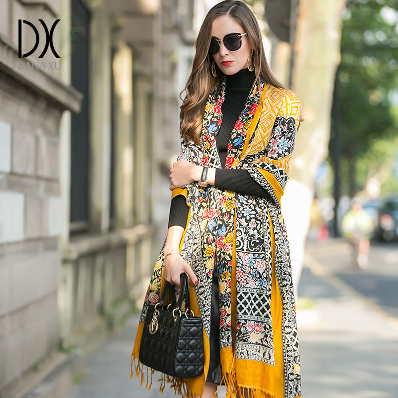 DANA XU 100% Merino Wool Extra Large Pashmina Blanket Travel Scarf Cashmere Wrap for Women Fall Winter Oversize Shawl Floral