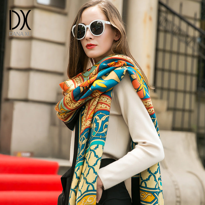 DANA XU 100% Merino Wool Extra Large Pashmina Blanket Travel Scarf Cashmere Wrap for Women Fall Winter Oversize Shawl Floral