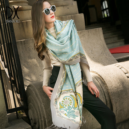 DANA XU 100% Merino Wool Extra Large Pashmina Blanket Travel Scarf Cashmere Wrap for Women Fall Winter Oversize Shawl Floral