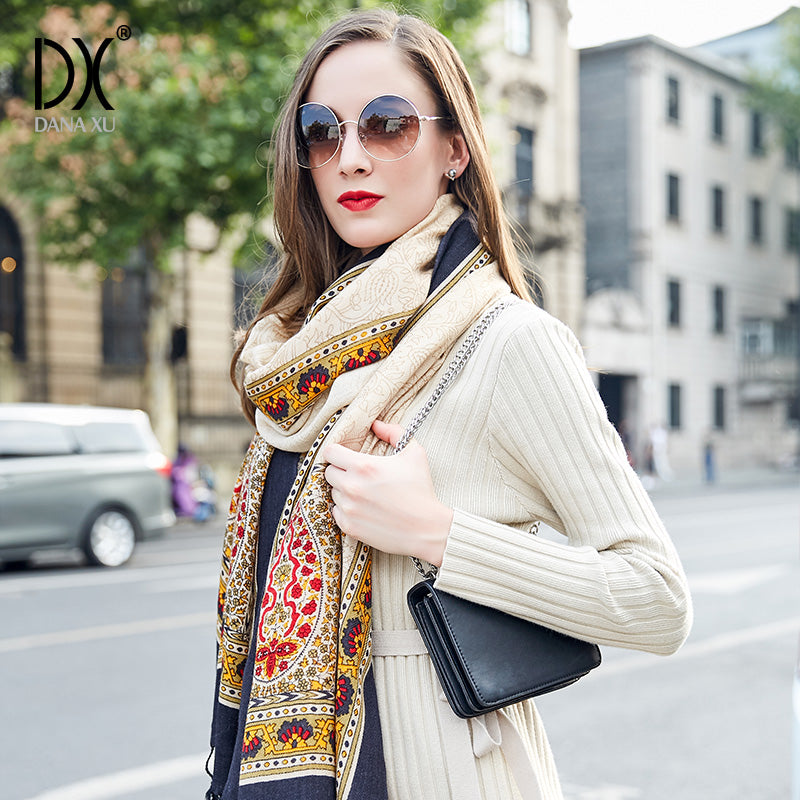 DANA XU 100% Merino Wool Extra Large Pashmina Blanket Travel Scarf Cashmere Wrap for Women Fall Winter Oversize Shawl Floral