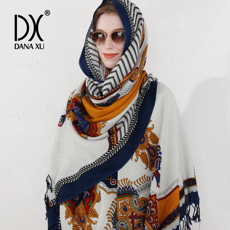 DANA XU 100% Merino Wool Extra Large Pashmina Blanket Travel Scarf Cashmere Wrap for Women Fall Winter Oversize Shawl Floral