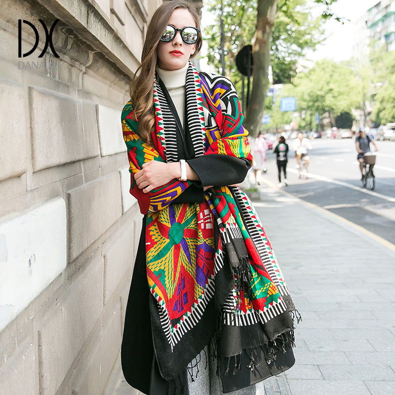 DANA XU 100% Merino Wool Extra Large Pashmina Blanket Travel Scarf Cashmere Wrap for Women Fall Winter Oversize Shawl Floral