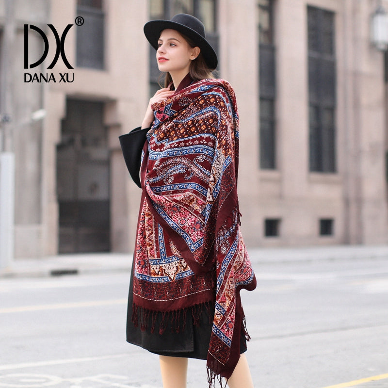 DANA XU 100% Merino Wool Extra Large Pashmina Blanket Travel Scarf Cashmere Wrap for Women Fall Winter Oversize Shawl Floral