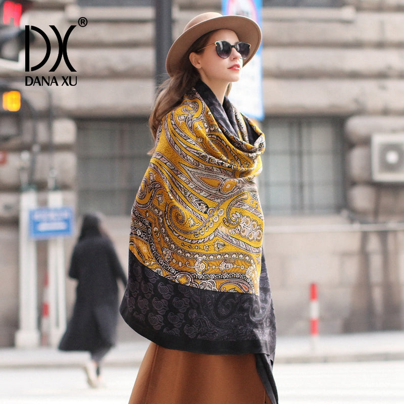 DANA XU 100% Merino Wool Extra Large Pashmina Blanket Travel Scarf Cashmere Wrap for Women Fall Winter Oversize Shawl Floral