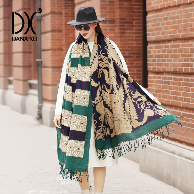 DANA XU 100% Merino Wool Extra Large Pashmina Blanket Travel Scarf Cashmere Wrap for Women Fall Winter Oversize Shawl Floral