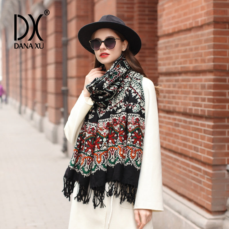DANA XU 100% Merino Wool Extra Large Pashmina Blanket Travel Scarf Cashmere Wrap for Women Fall Winter Oversize Shawl Floral