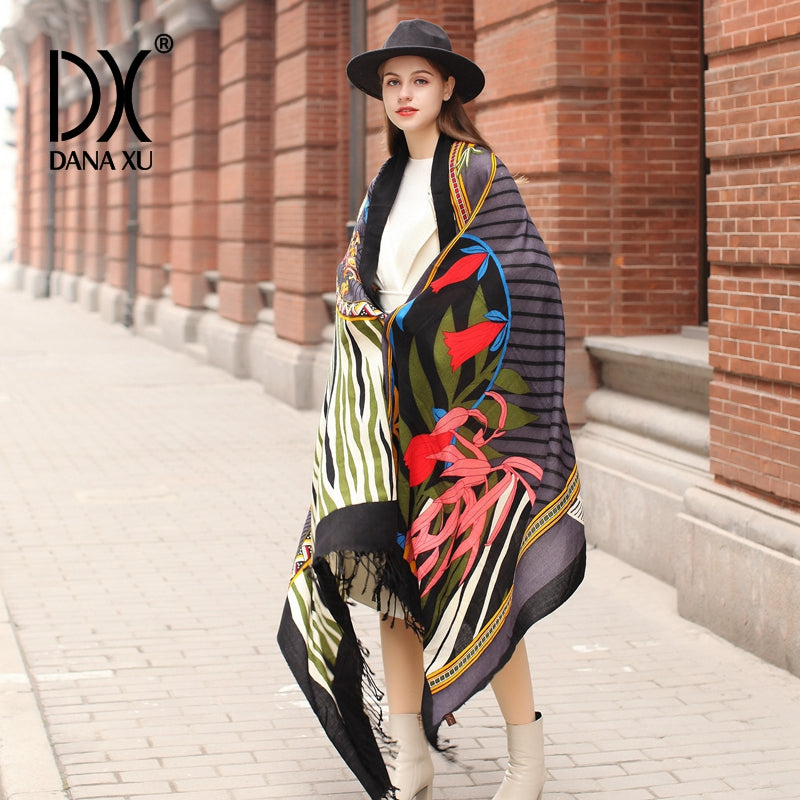 DANA XU 100% Merino Wool Extra Large Pashmina Blanket Travel Scarf Cashmere Wrap for Women Fall Winter Oversize Shawl Floral