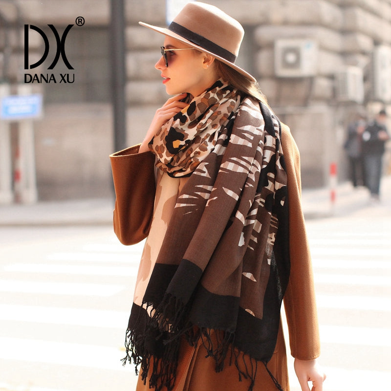 DANA XU 100% Merino Wool Extra Large Pashmina Blanket Travel Scarf Cashmere Wrap for Women Fall Winter Oversize Shawl Floral