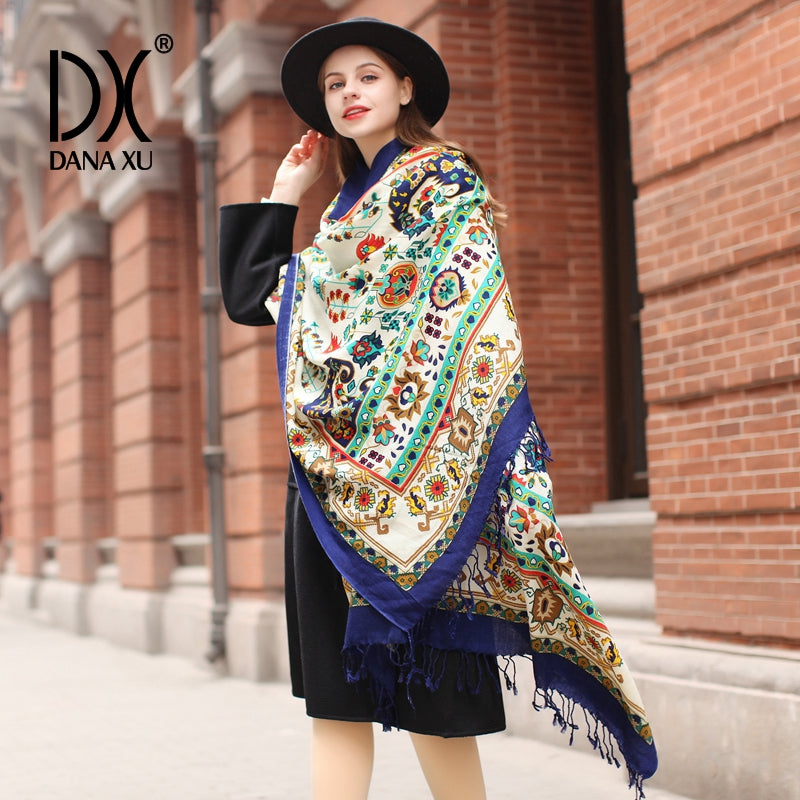 DANA XU 100% Merino Wool Extra Large Pashmina Blanket Travel Scarf Cashmere Wrap for Women Fall Winter Oversize Shawl Floral
