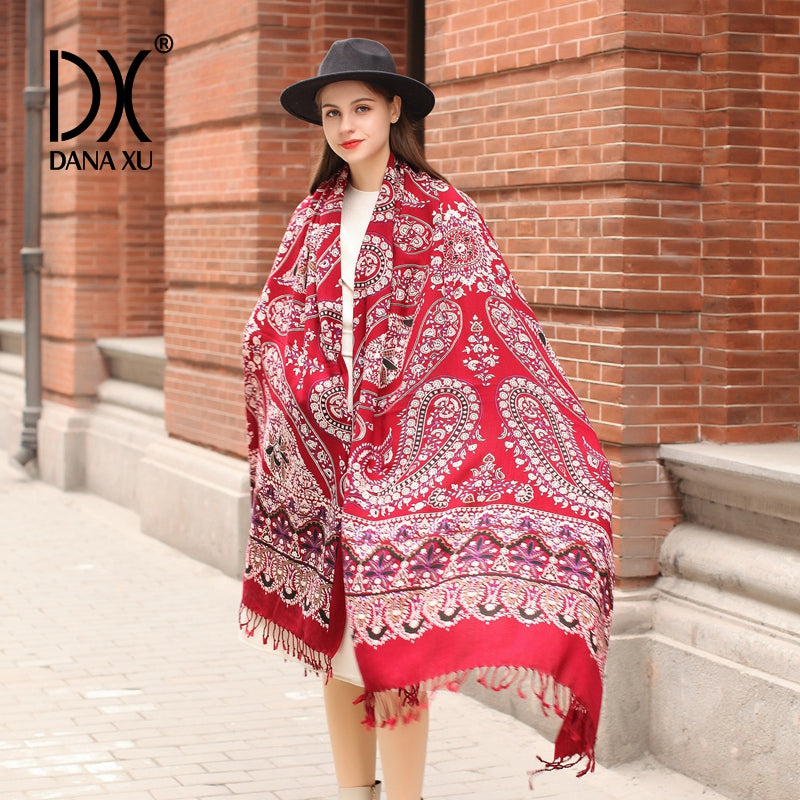 DANA XU 100% Merino Wool Extra Large Pashmina Blanket Travel Scarf Cashmere Wrap for Women Fall Winter Oversize Shawl Floral