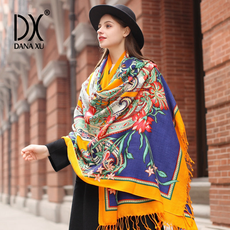 DANA XU 100% Merino Wool Extra Large Pashmina Blanket Travel Scarf Cashmere Wrap for Women Fall Winter Oversize Shawl Floral