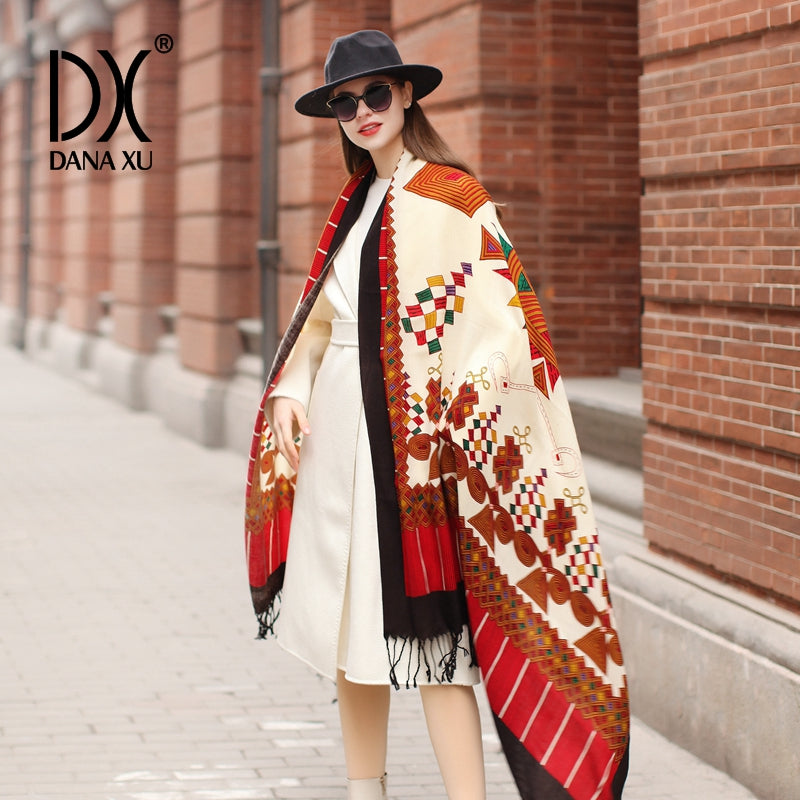 DANA XU 100% Merino Wool Extra Large Pashmina Blanket Travel Scarf Cashmere Wrap for Women Fall Winter Oversize Shawl Floral