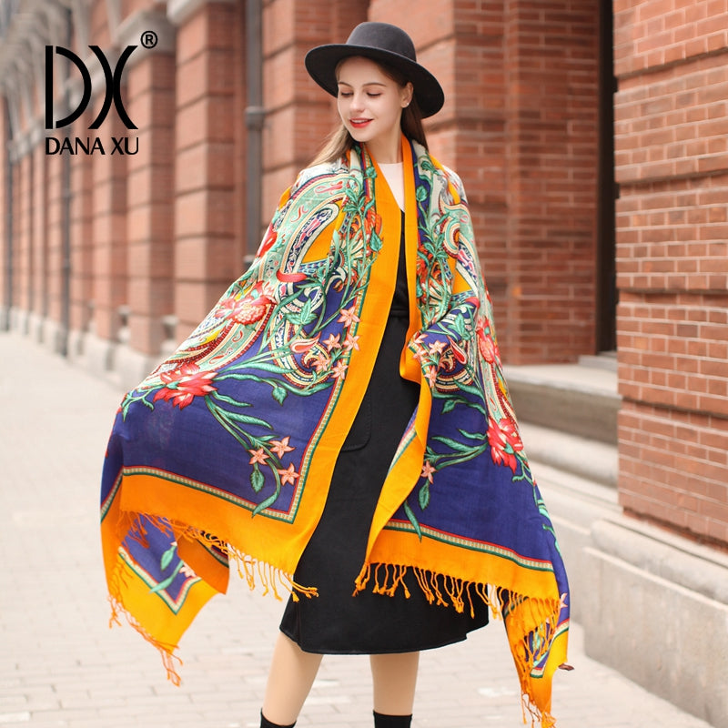DANA XU 100% Merino Wool Extra Large Pashmina Blanket Travel Scarf Cashmere Wrap for Women Fall Winter Oversize Shawl Floral