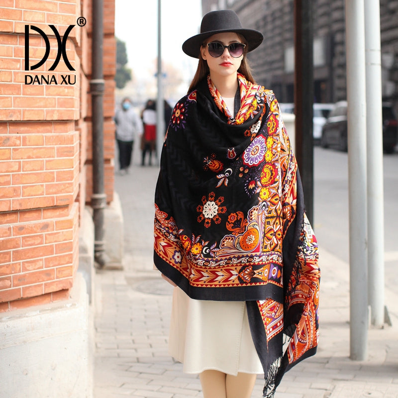 DANA XU 100% Merino Wool Extra Large Pashmina Blanket Travel Scarf Cashmere Wrap for Women Fall Winter Oversize Shawl Floral