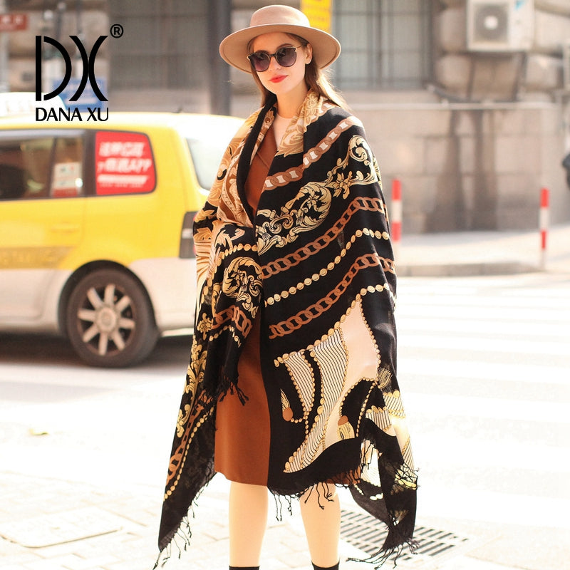 DANA XU 100% Merino Wool Extra Large Pashmina Blanket Travel Scarf Cashmere Wrap for Women Fall Winter Oversize Shawl Floral