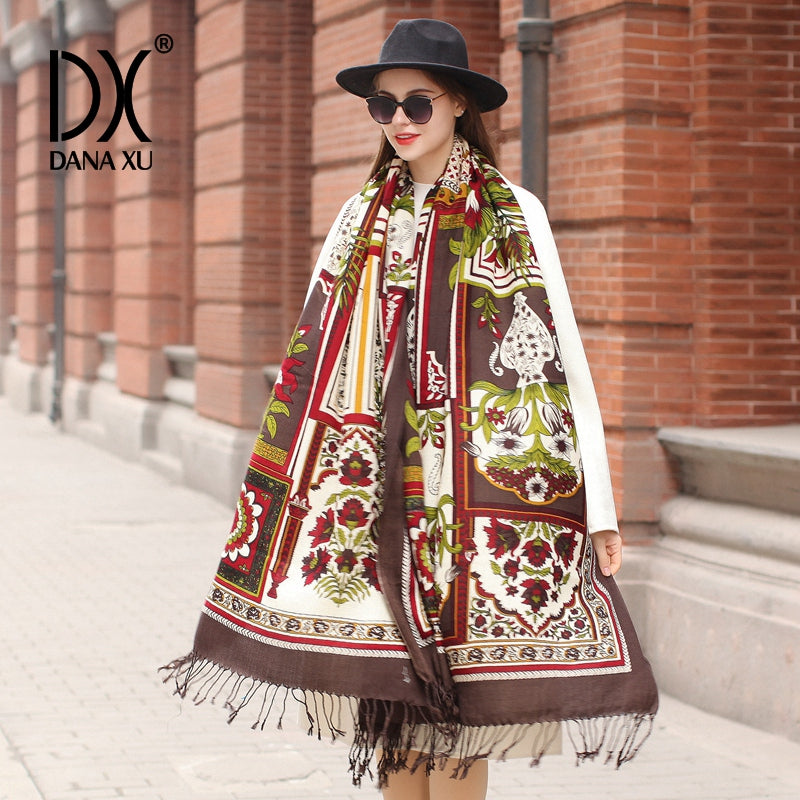 DANA XU 100% Merino Wool Extra Large Pashmina Blanket Travel Scarf Cashmere Wrap for Women Fall Winter Oversize Shawl Floral