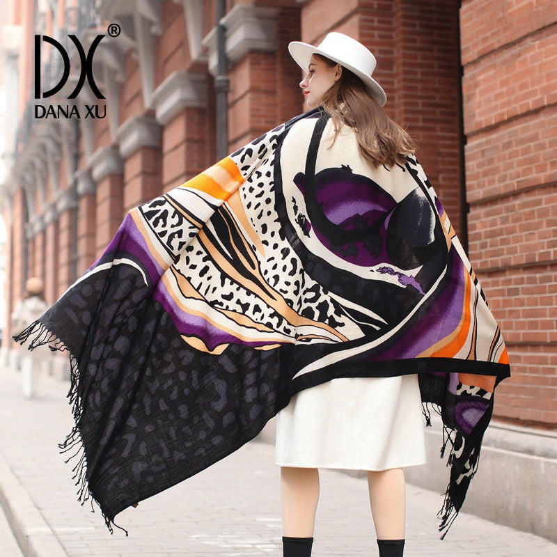 DANA XU 100% Merino Wool Extra Large Pashmina Blanket Travel Scarf Cashmere Wrap for Women Fall Winter Oversize Shawl Floral