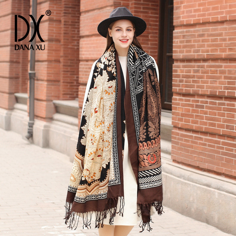 DANA XU 100% Merino Wool Extra Large Pashmina Blanket Travel Scarf Cashmere Wrap for Women Fall Winter Oversize Shawl Floral