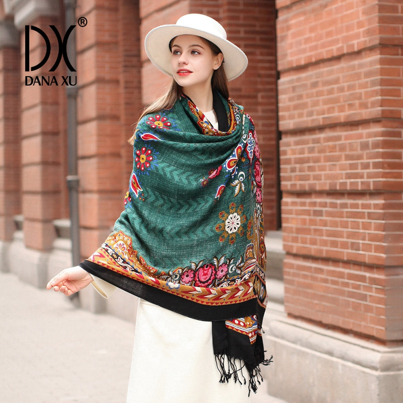 DANA XU 100% Merino Wool Extra Large Pashmina Blanket Travel Scarf Cashmere Wrap for Women Fall Winter Oversize Shawl Floral