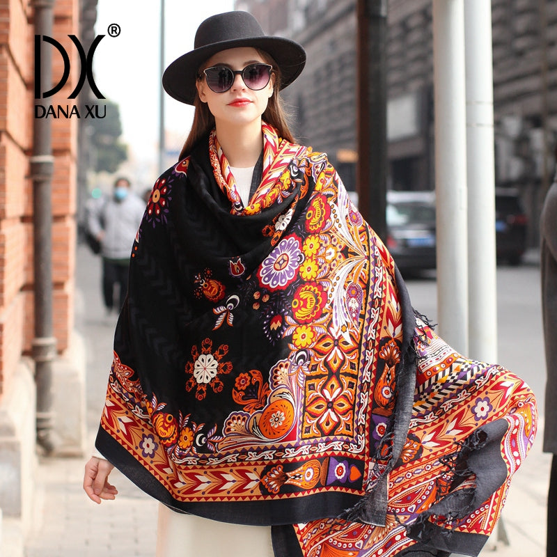 DANA XU 100% Merino Wool Extra Large Pashmina Blanket Travel Scarf Cashmere Wrap for Women Fall Winter Oversize Shawl Floral
