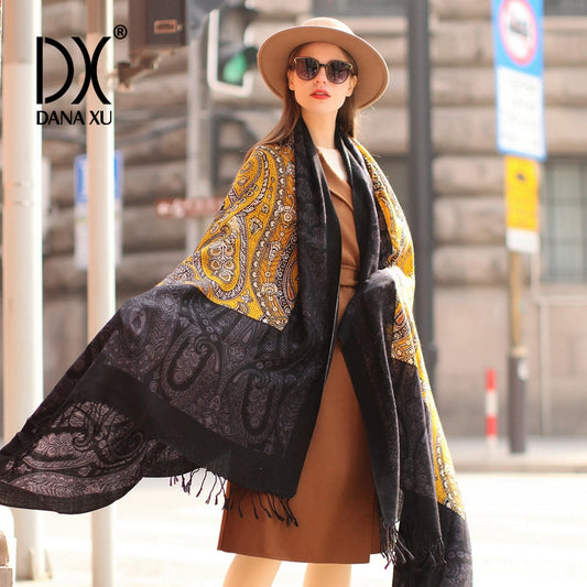 DANA XU 100% Merino Wool Extra Large Pashmina Blanket Travel Scarf Cashmere Wrap for Women Fall Winter Oversize Shawl Floral
