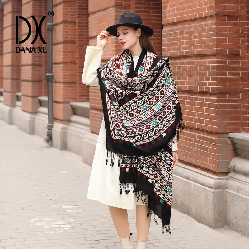 DANA XU 100% Merino Wool Extra Large Pashmina Blanket Travel Scarf Cashmere Wrap for Women Fall Winter Oversize Shawl Floral