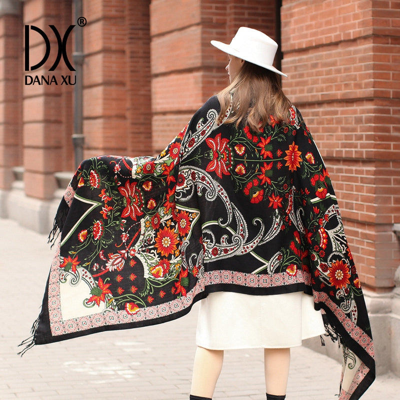DANA XU 100% Merino Wool Extra Large Pashmina Blanket Travel Scarf Cashmere Wrap for Women Fall Winter Oversize Shawl Floral