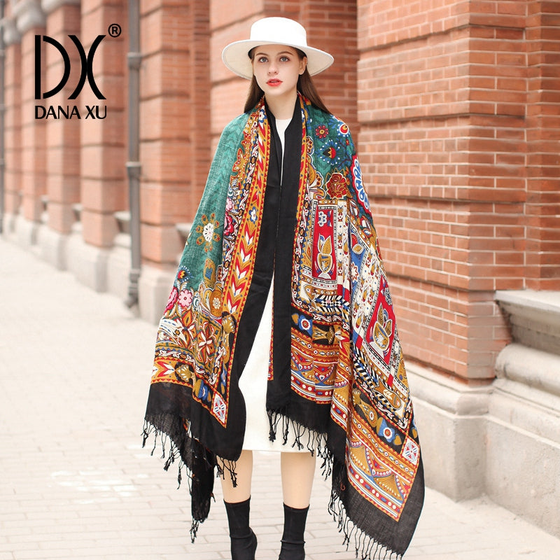 DANA XU 100% Merino Wool Extra Large Pashmina Blanket Travel Scarf Cashmere Wrap for Women Fall Winter Oversize Shawl Floral