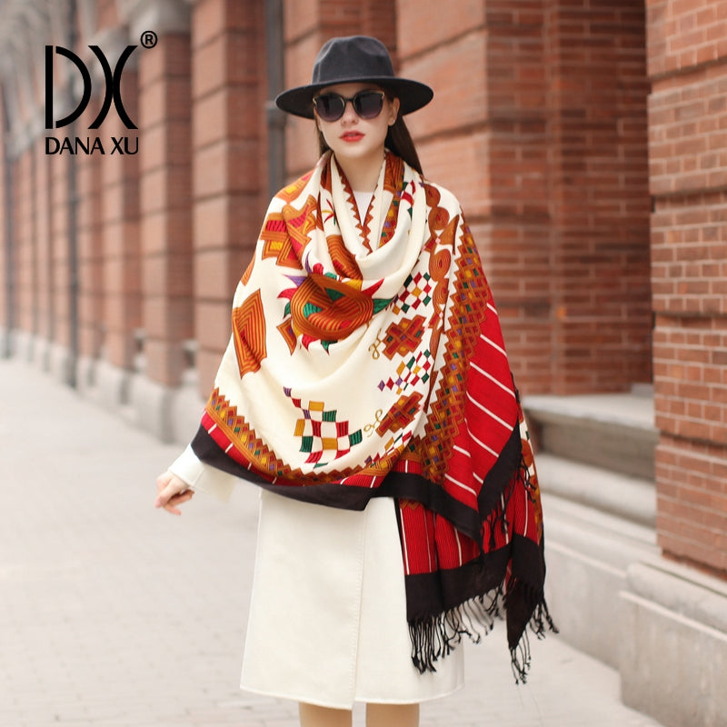 DANA XU 100% Merino Wool Extra Large Pashmina Blanket Travel Scarf Cashmere Wrap for Women Fall Winter Oversize Shawl Floral