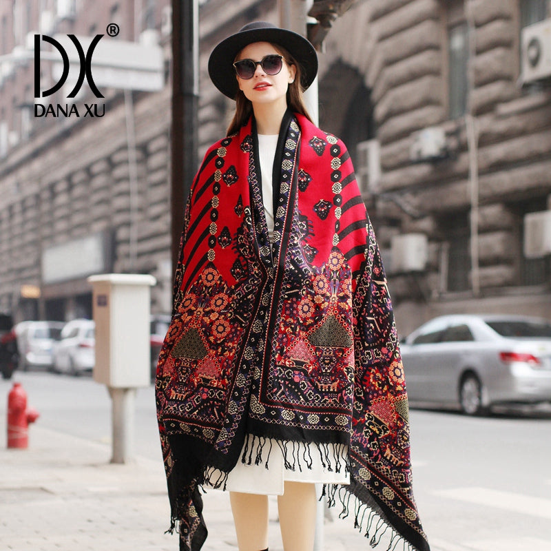 DANA XU 100% Merino Wool Extra Large Pashmina Blanket Travel Scarf Cashmere Wrap for Women Fall Winter Oversize Shawl Floral