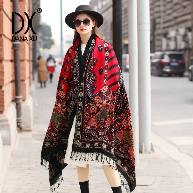 DANA XU 100% Merino Wool Extra Large Pashmina Blanket Travel Scarf Cashmere Wrap for Women Fall Winter Oversize Shawl Floral