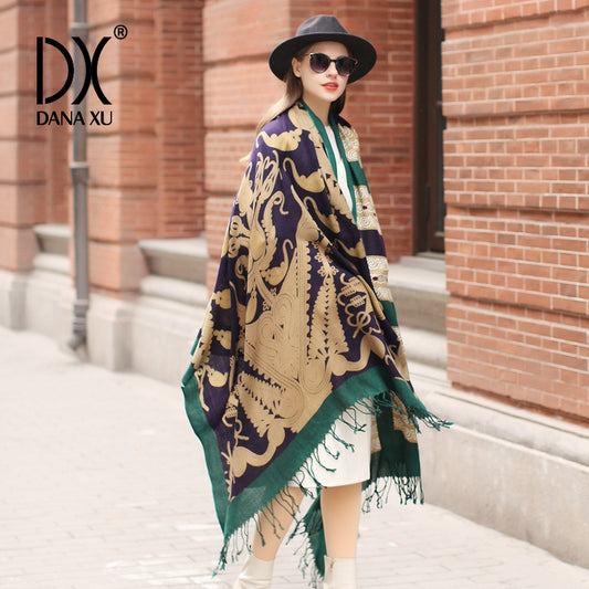DANA XU 100% Merino Wool Extra Large Pashmina Blanket Travel Scarf Cashmere Wrap for Women Fall Winter Oversize Shawl Floral